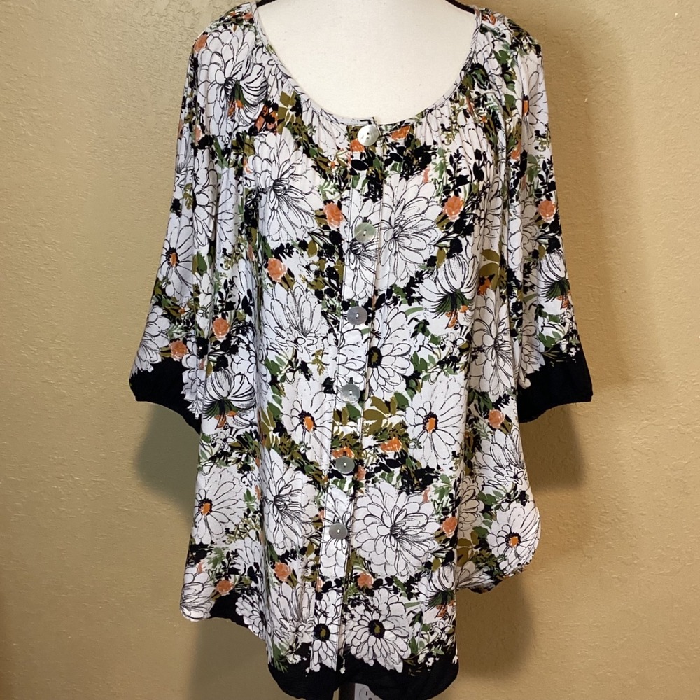 Figueroa & Flower‎ Floral Print Women's 3/4 Sleeve Top Tunic Blouse Size 1X